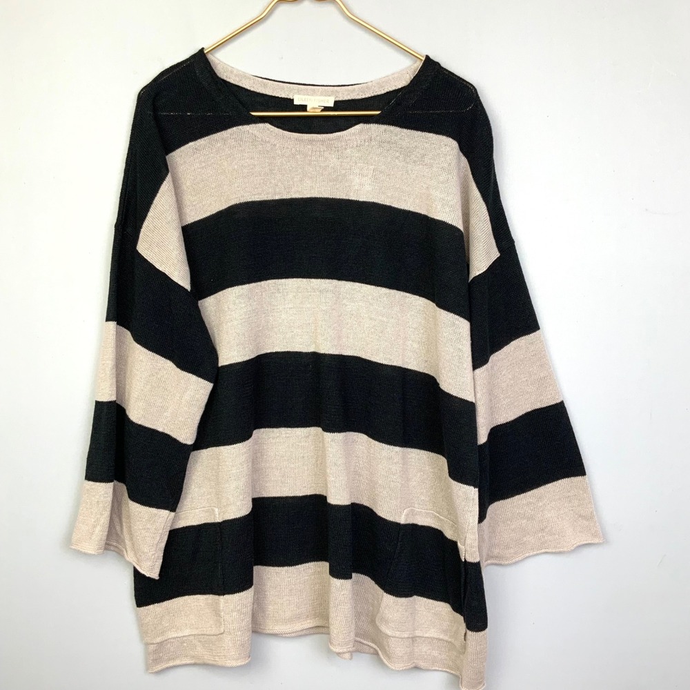 Eileen Fisher Sz XL Organic Linen Black Tan Striped Lightweight Sweater Pockets